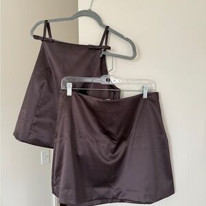 GAP Women's Satin Mini Skirt + Bow Blouse  - Dark Brown